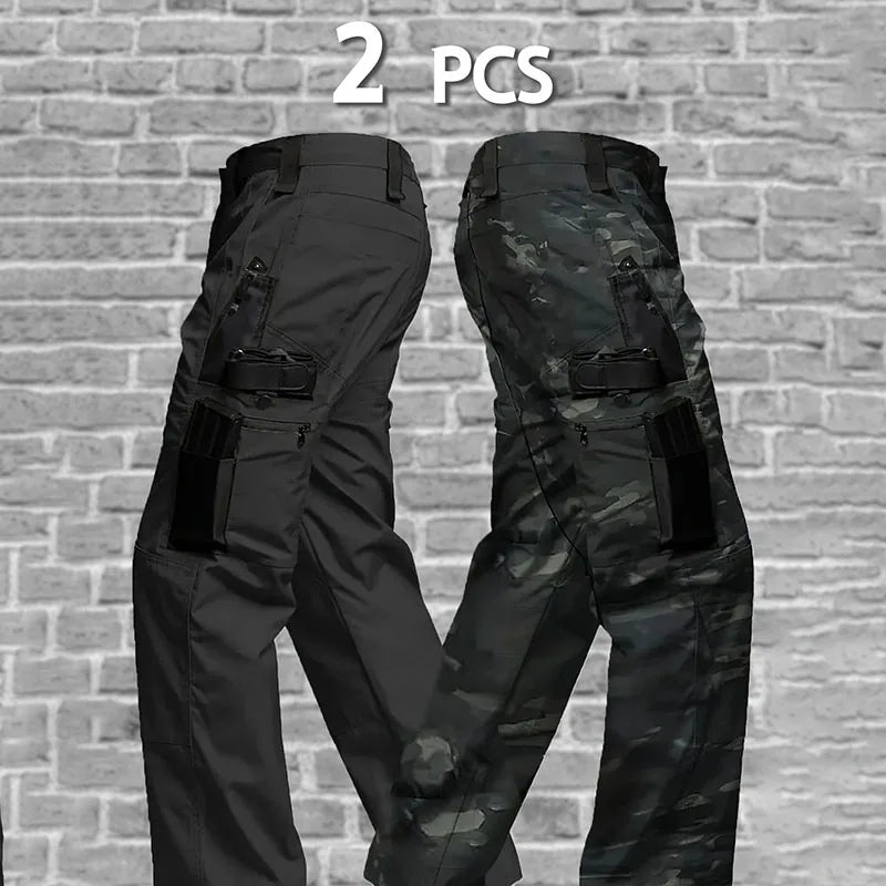 2 Pcs Multi Pockets Cargo Trousers Men's Casual Tactical Pants Wear-resisting Breathable Trousers Outdoor Hiking Pants