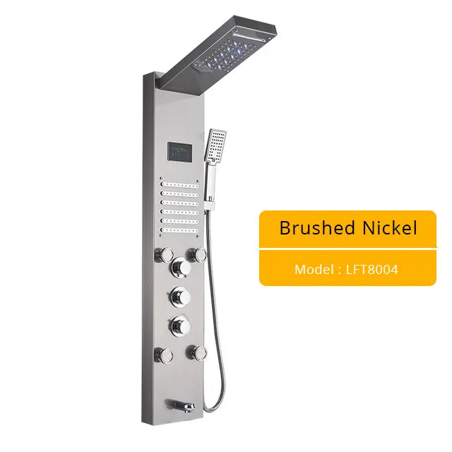 Luxury LED Shower Column Faucet Brushed Nickel SPA Massage Jet Shower Panel Tower Tap Digital Temperature Screen Bathroom Faucet