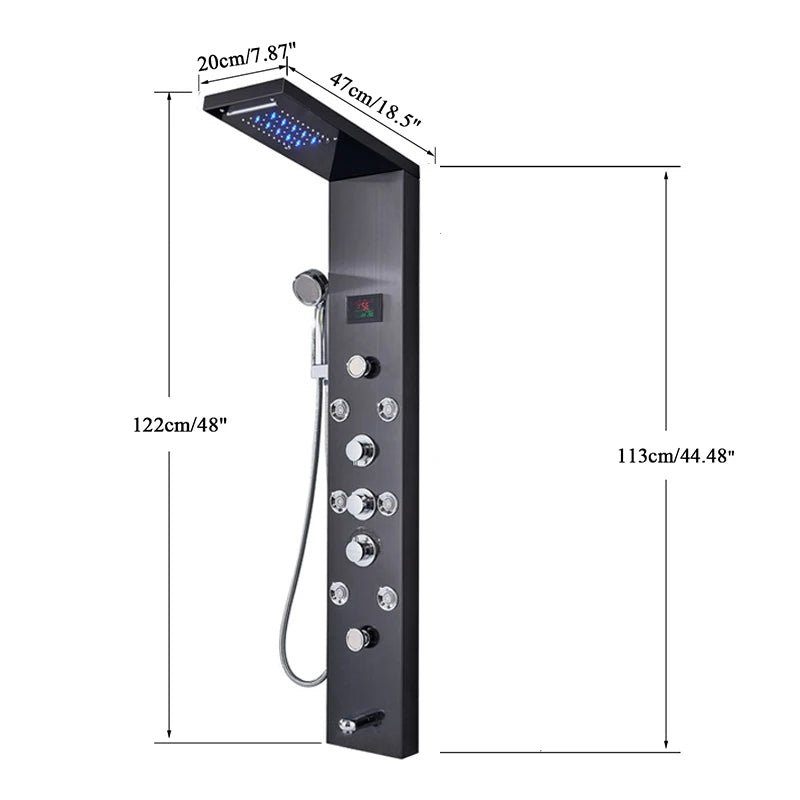 Luxury LED Shower Column Faucet Brushed Nickel SPA Massage Jet Shower Panel Tower Tap Digital Temperature Screen Bathroom Faucet