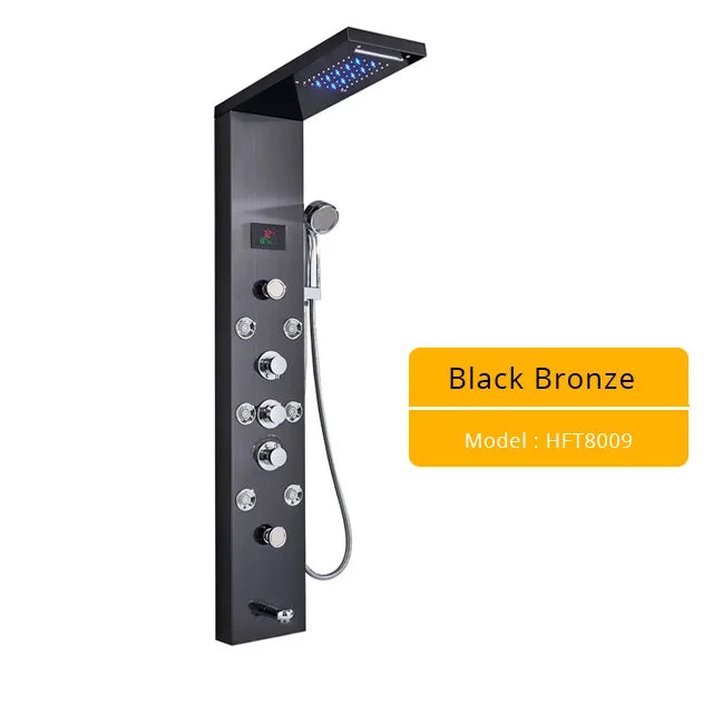 Luxury LED Shower Column Faucet Brushed Nickel SPA Massage Jet Shower Panel Tower Tap Digital Temperature Screen Bathroom Faucet