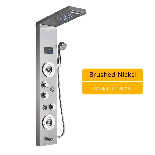 Luxury LED Shower Column Faucet Brushed Nickel SPA Massage Jet Shower Panel Tower Tap Digital Temperature Screen Bathroom Faucet