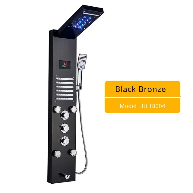 Luxury LED Shower Column Faucet Brushed Nickel SPA Massage Jet Shower Panel Tower Tap Digital Temperature Screen Bathroom Faucet