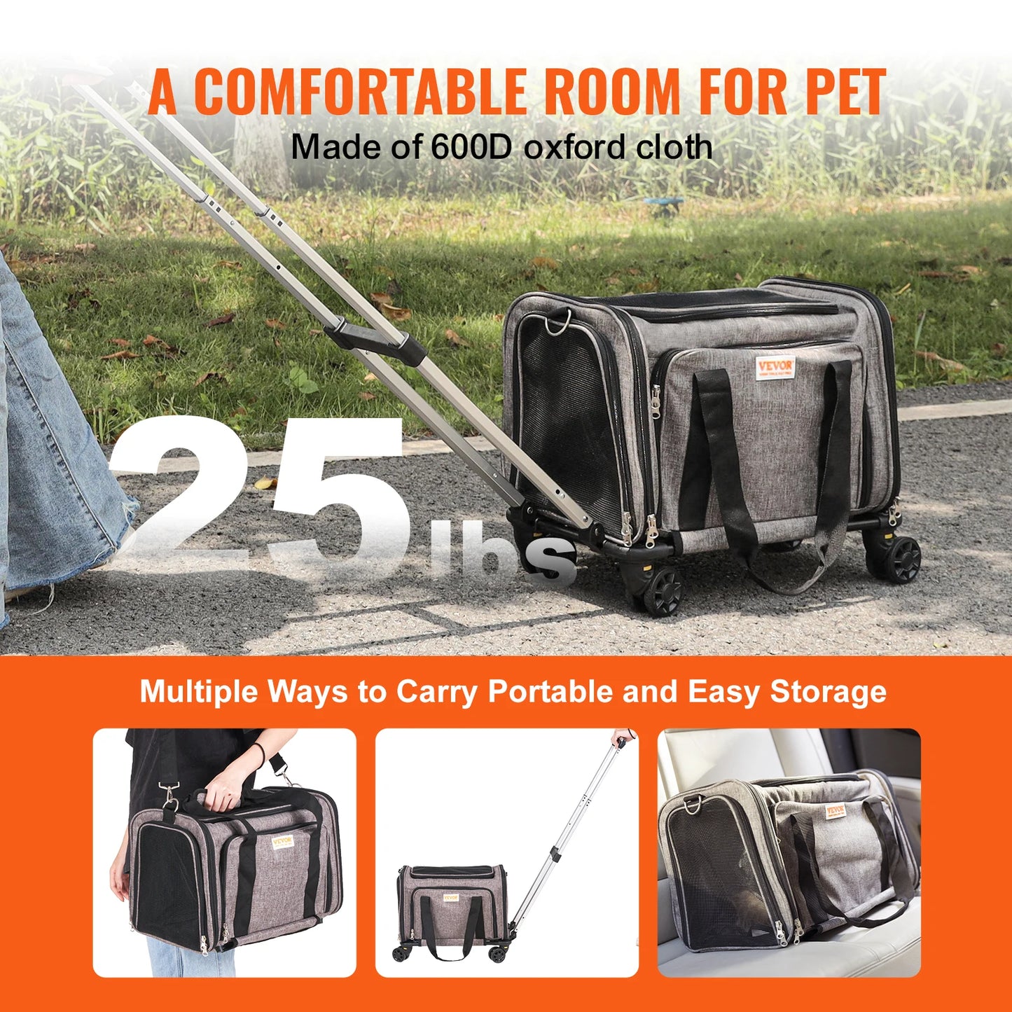 SucceBuy Pet Cat Carrier Breathable Dog Carry Backpack with Telescopic Handle Wheels and Shoulder Strap for Travel
