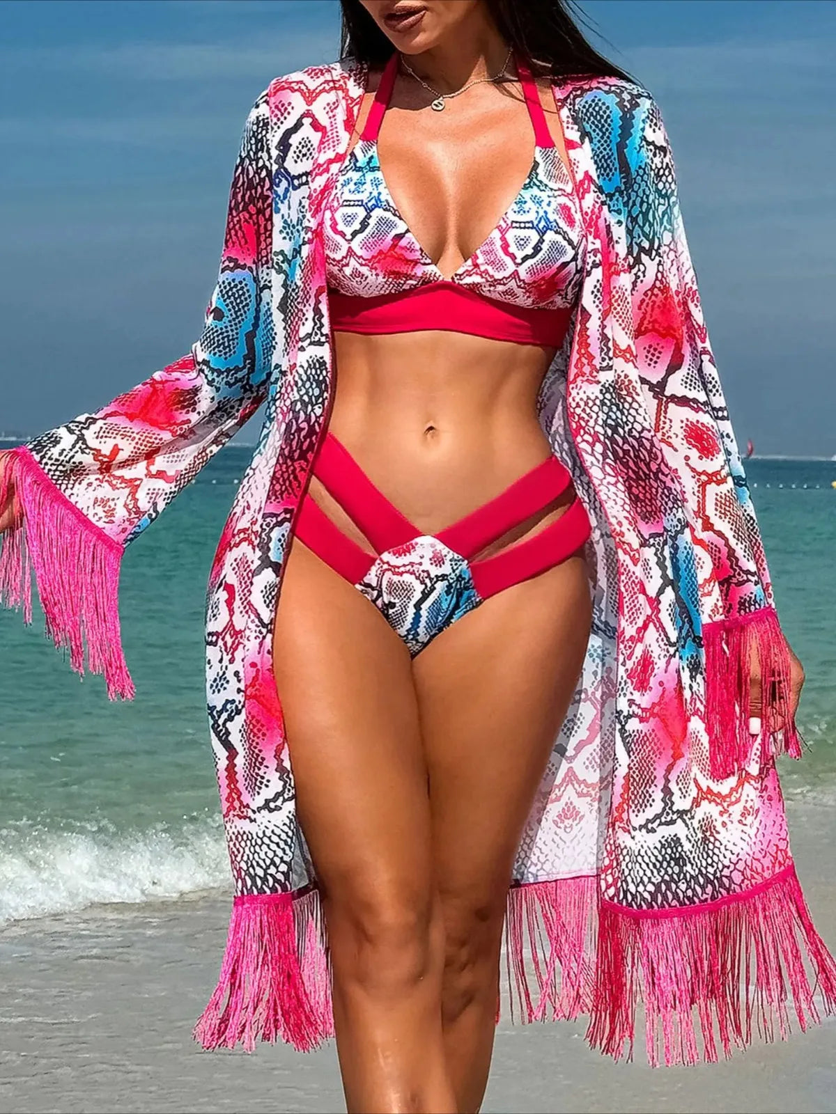 Flower Print 2 Piece Swimsuit for Women,long Sleeve Cover-ups Tassel Strips Bikini,low Waist Thong Bandage Bathing Suit,swimwear