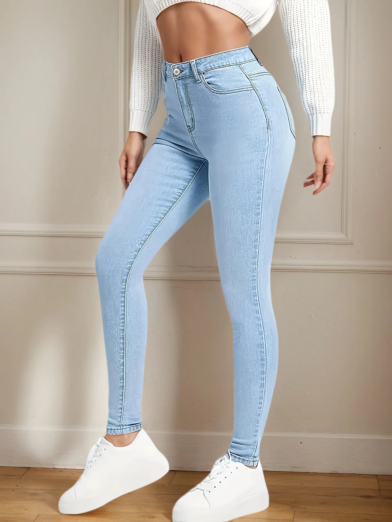 Classic and fashionable blue slim fit tight jeans, height adjustable elastic slanted pocket high waist commuting jeans, women's