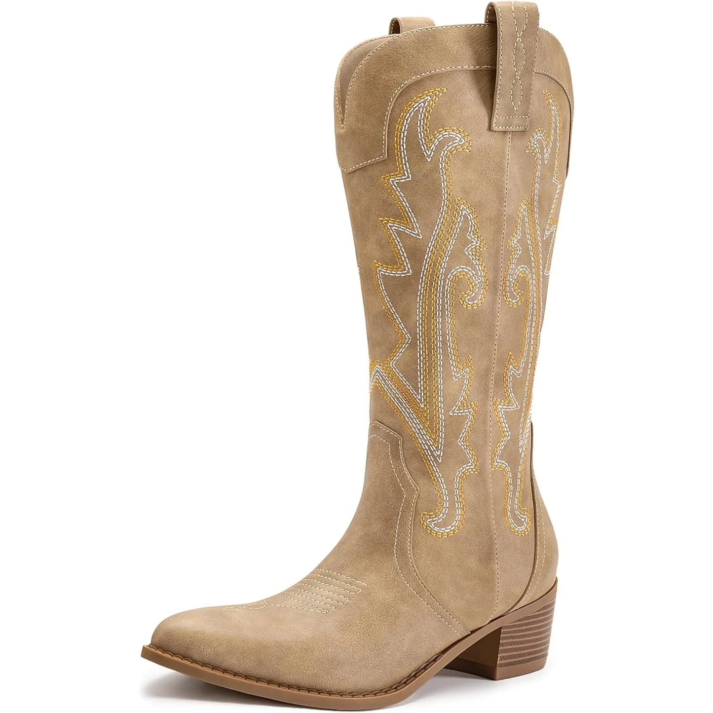 Women's Cowboy Boots Western Cowgirl Boots Fashion Embroidered Pointed Toe Chunky Heel Mid Calf Boots