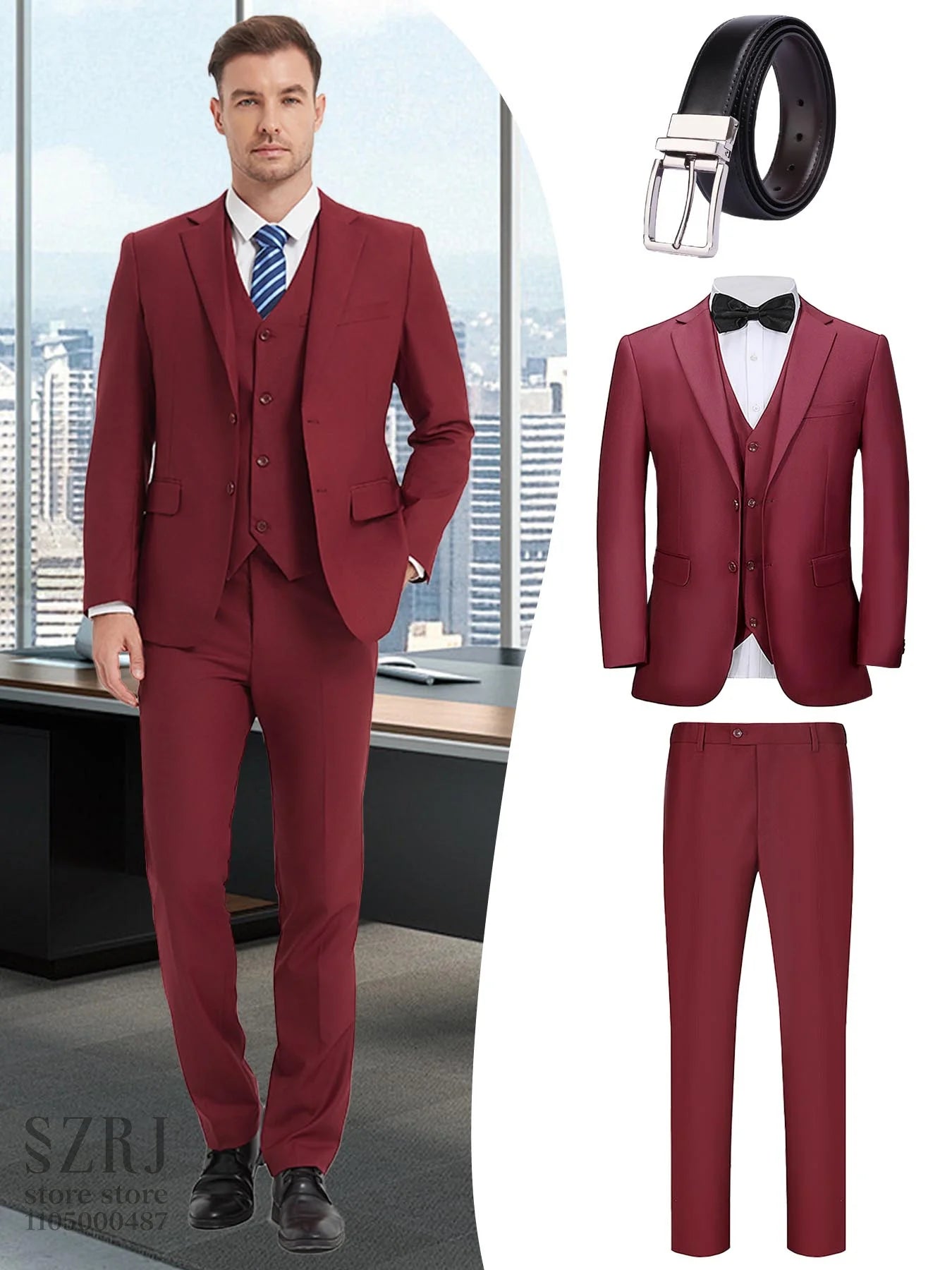 4pcs Men's Formal Suit Set: Tuxedo, Vest, Pants, Belt with .Classic Elegant Attire for Business, Party, Banquet, Job Interview