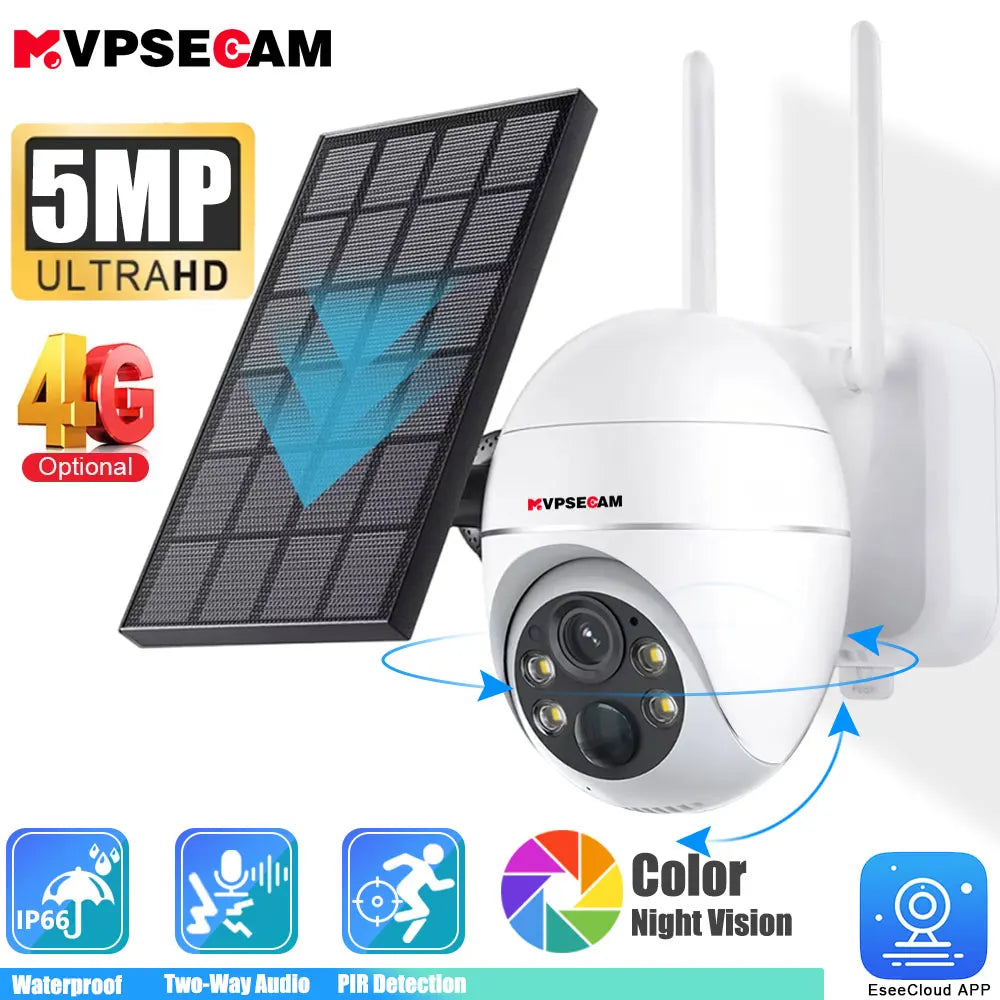 Overscam 4G SIM Card 5MP Solar Panel Outdoor CCTV PTZ Camera with Two-Way Audio and Intrusion Alarm