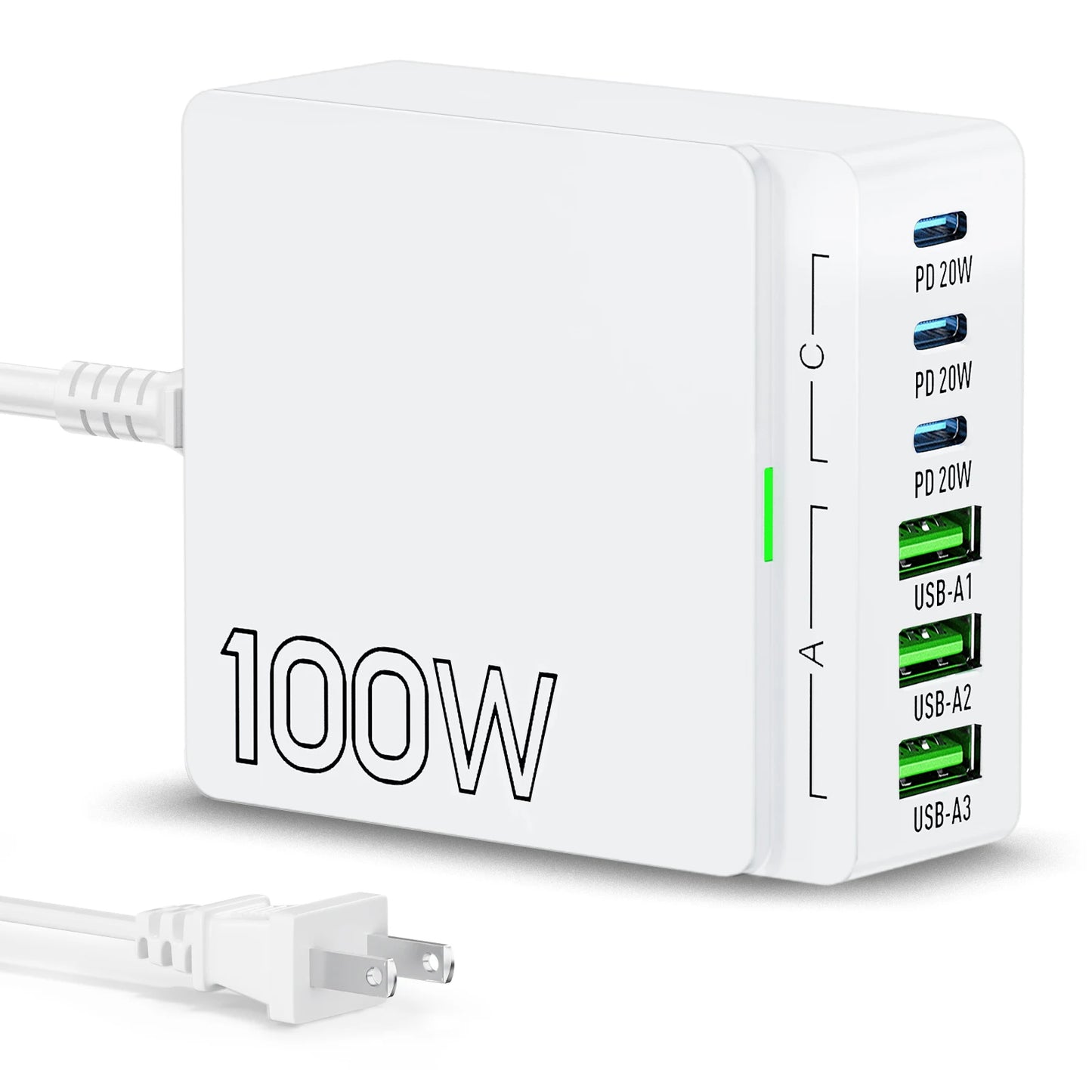 100W 6-Port GaN Quick Charge Hub PD 3.0 Type C and USB A Charging Case for Cell Phone Tablet Laptop