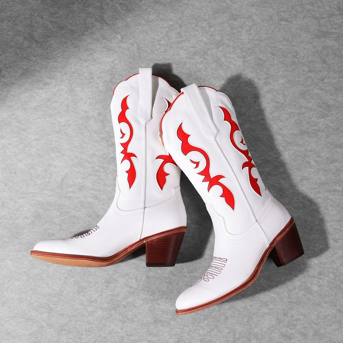 Women's Red Floral Embroidered Cowboy Boots - White Knee-High, Pink Toe, Chunky Heel. Fashionable Western Style