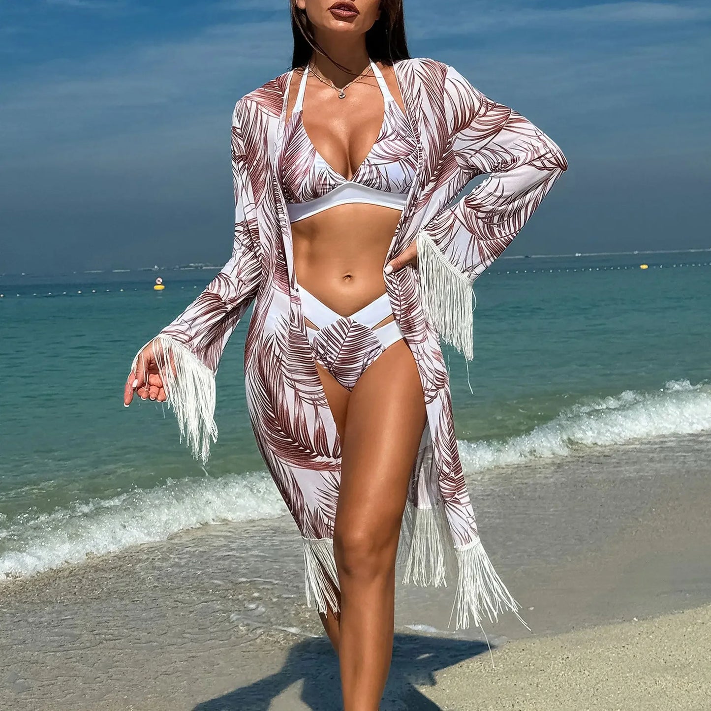 Flower Print 2 Piece Swimsuit for Women,long Sleeve Cover-ups Tassel Strips Bikini,low Waist Thong Bandage Bathing Suit,swimwear
