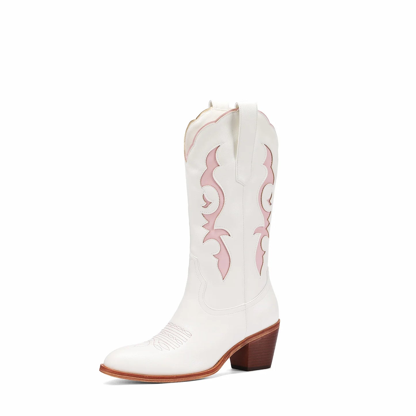 Women's Red Floral Embroidered Cowboy Boots - White Knee-High, Pink Toe, Chunky Heel. Fashionable Western Style