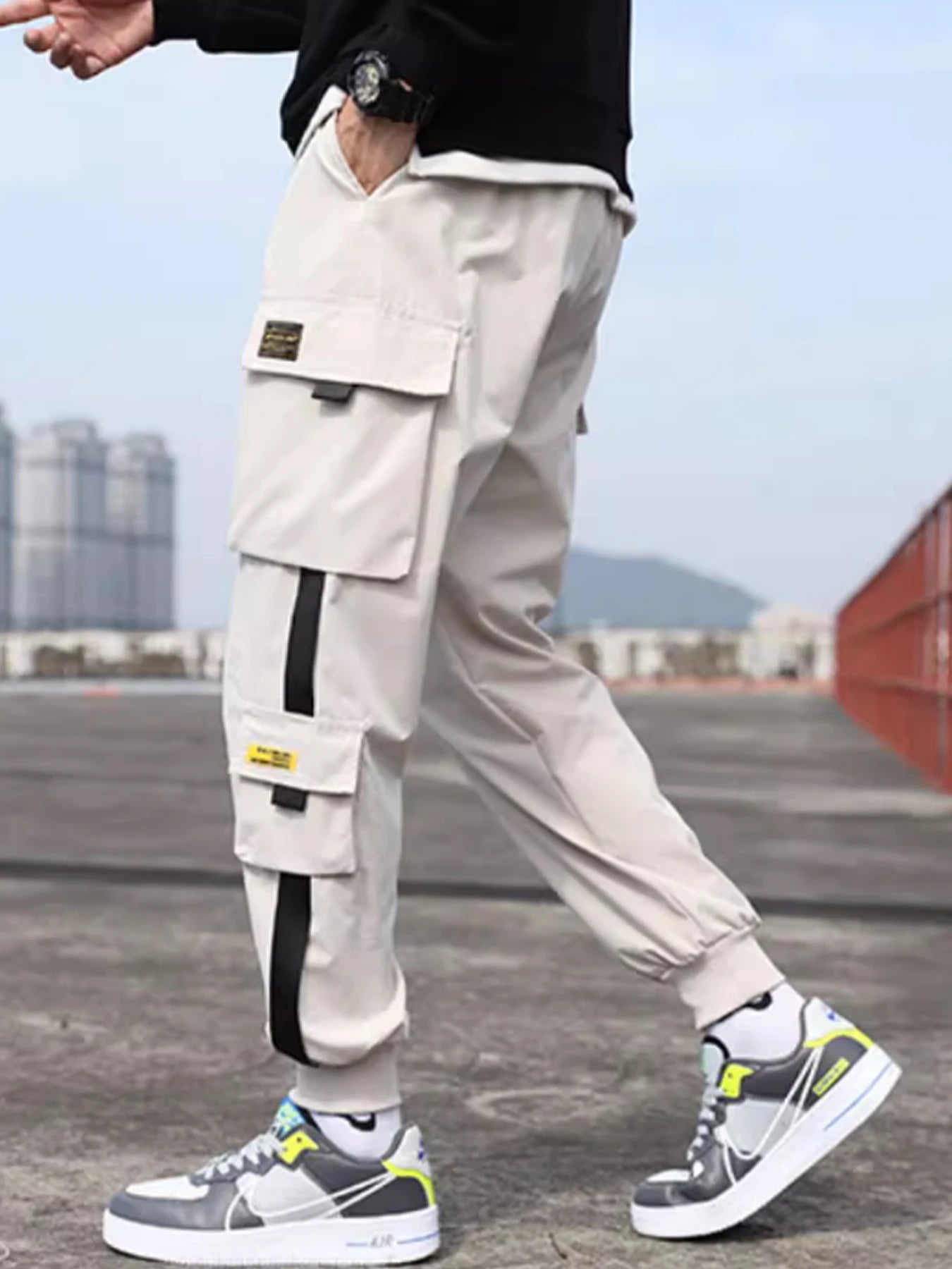 Cargo Pants For Men Male Casual Loose Straight Leg Workwear Pants With Pockets Stirped Texture Fashionable Bottoms