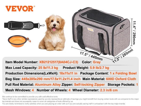 SucceBuy Pet Cat Carrier Breathable Dog Carry Backpack with Telescopic Handle Wheels and Shoulder Strap for Travel
