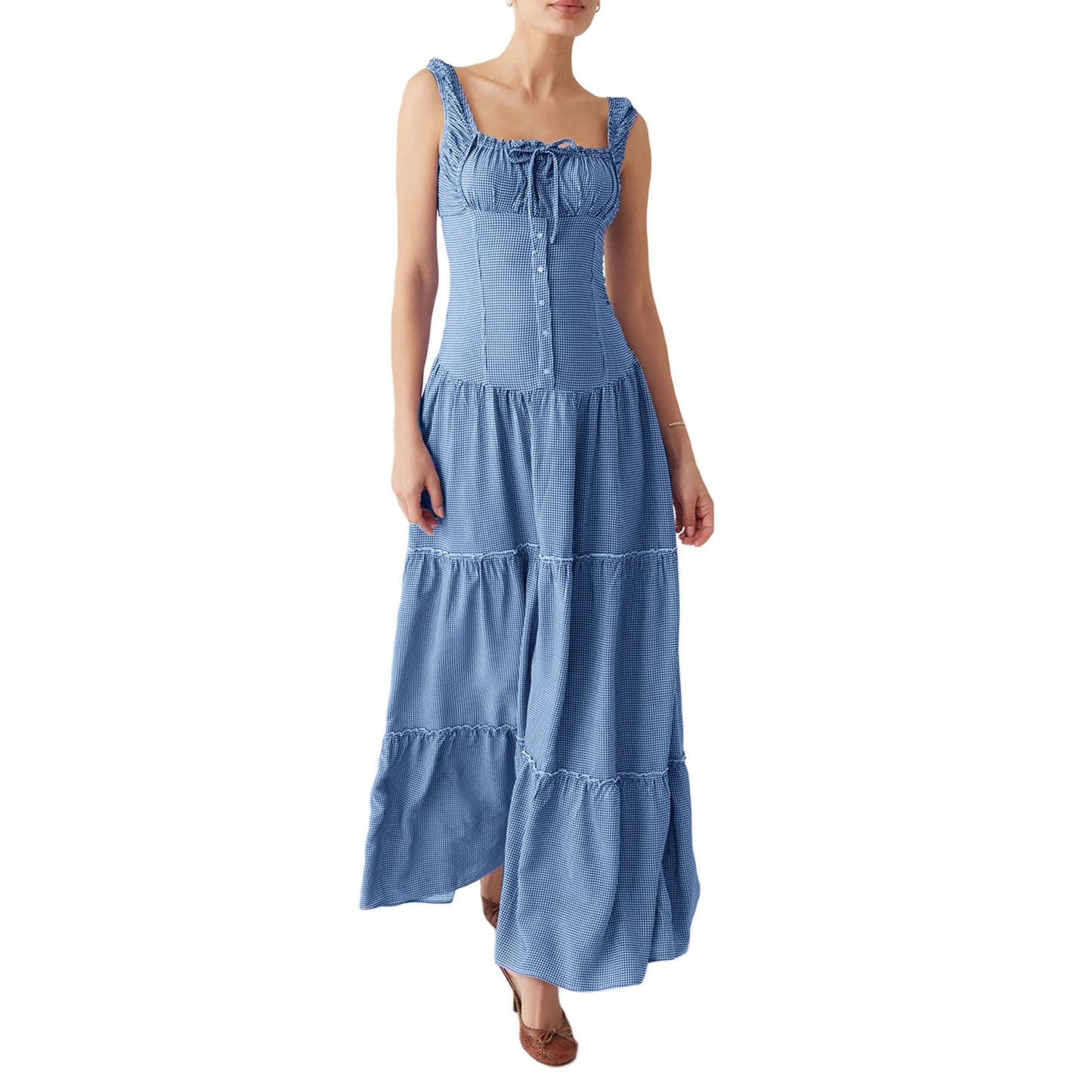 Women Summer Sleeveless Casual Plaid Print Ruffle Party Dress for Cocktail Beach Club Streetwear