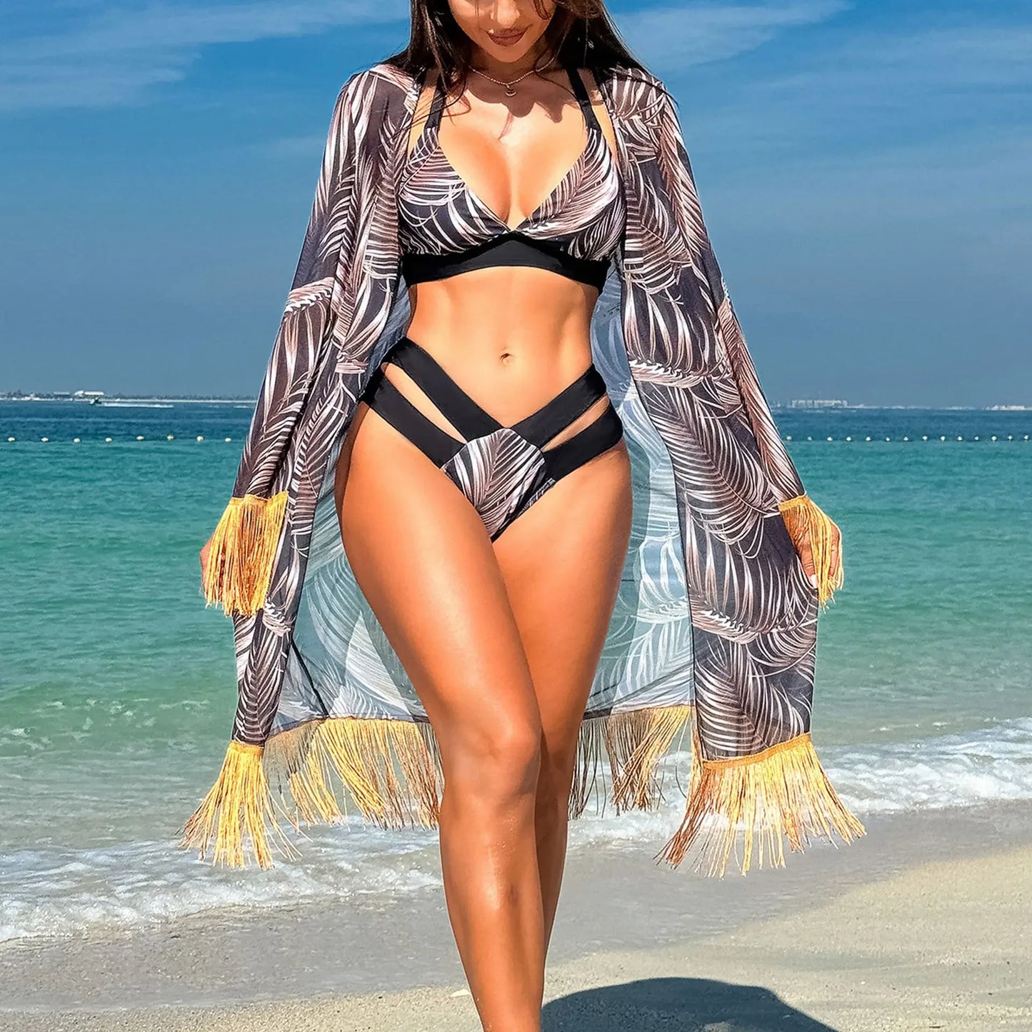Flower Print 2 Piece Swimsuit for Women,long Sleeve Cover-ups Tassel Strips Bikini,low Waist Thong Bandage Bathing Suit,swimwear