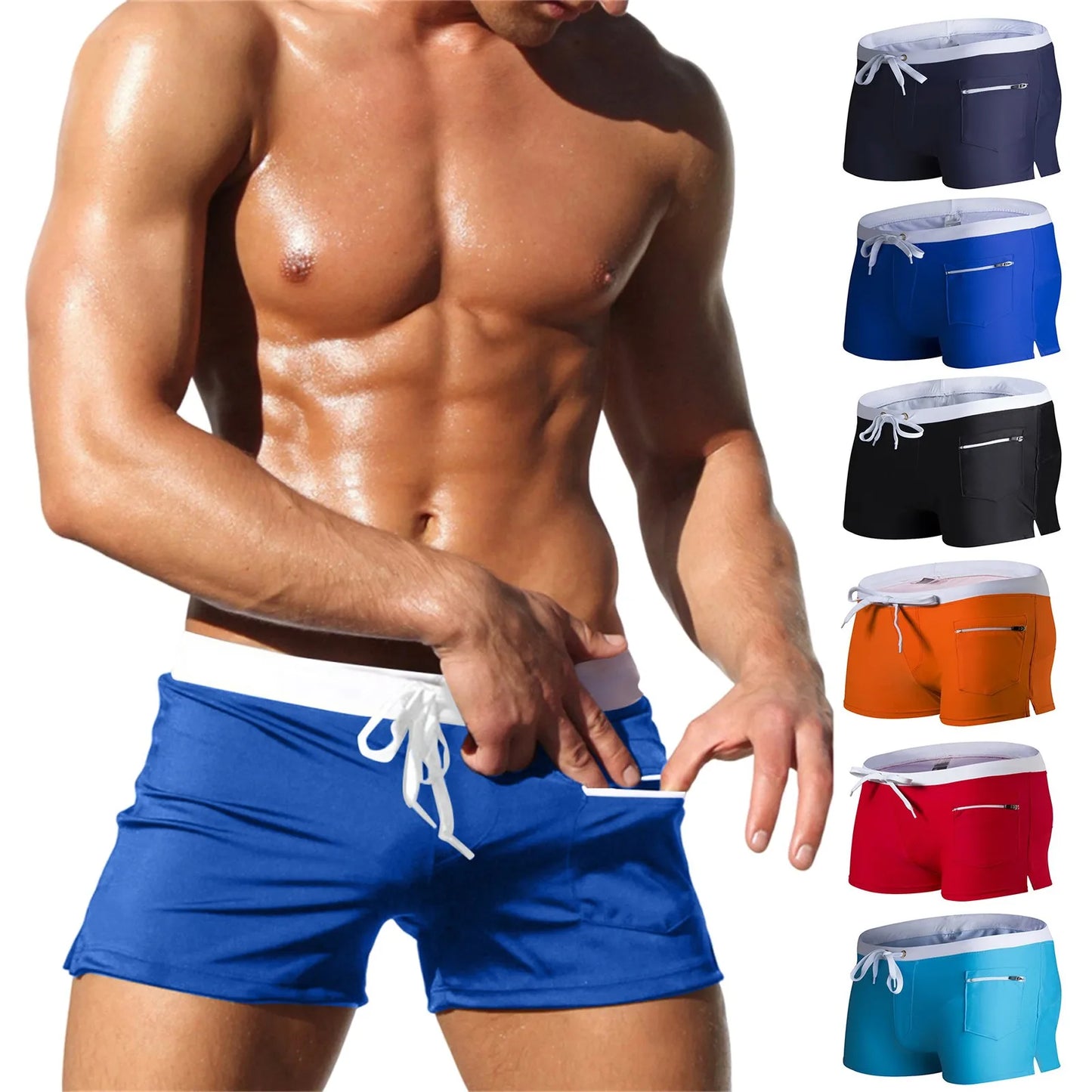 Men's Swim Trunks Fashion Swimsuit with Pocket Zipper Design Beach Boxer Shorts Summer Vacation Board Shorts