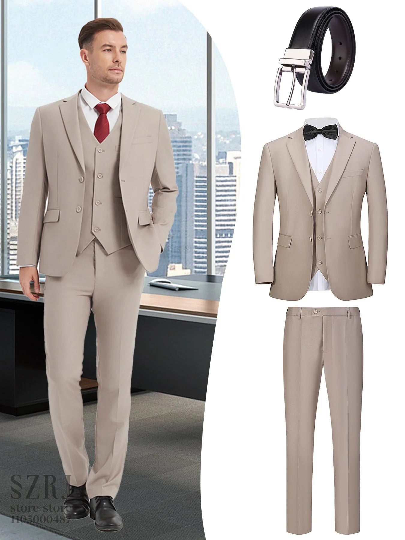 4pcs Men's Formal Suit Set: Tuxedo, Vest, Pants, Belt with .Classic Elegant Attire for Business, Party, Banquet, Job Interview