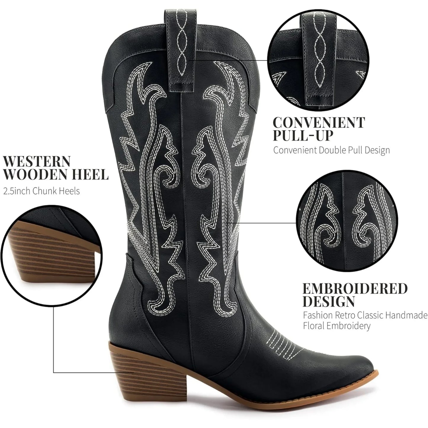 Women's Cowboy Boots Western Cowgirl Boots Fashion Embroidered Pointed Toe Chunky Heel Mid Calf Boots