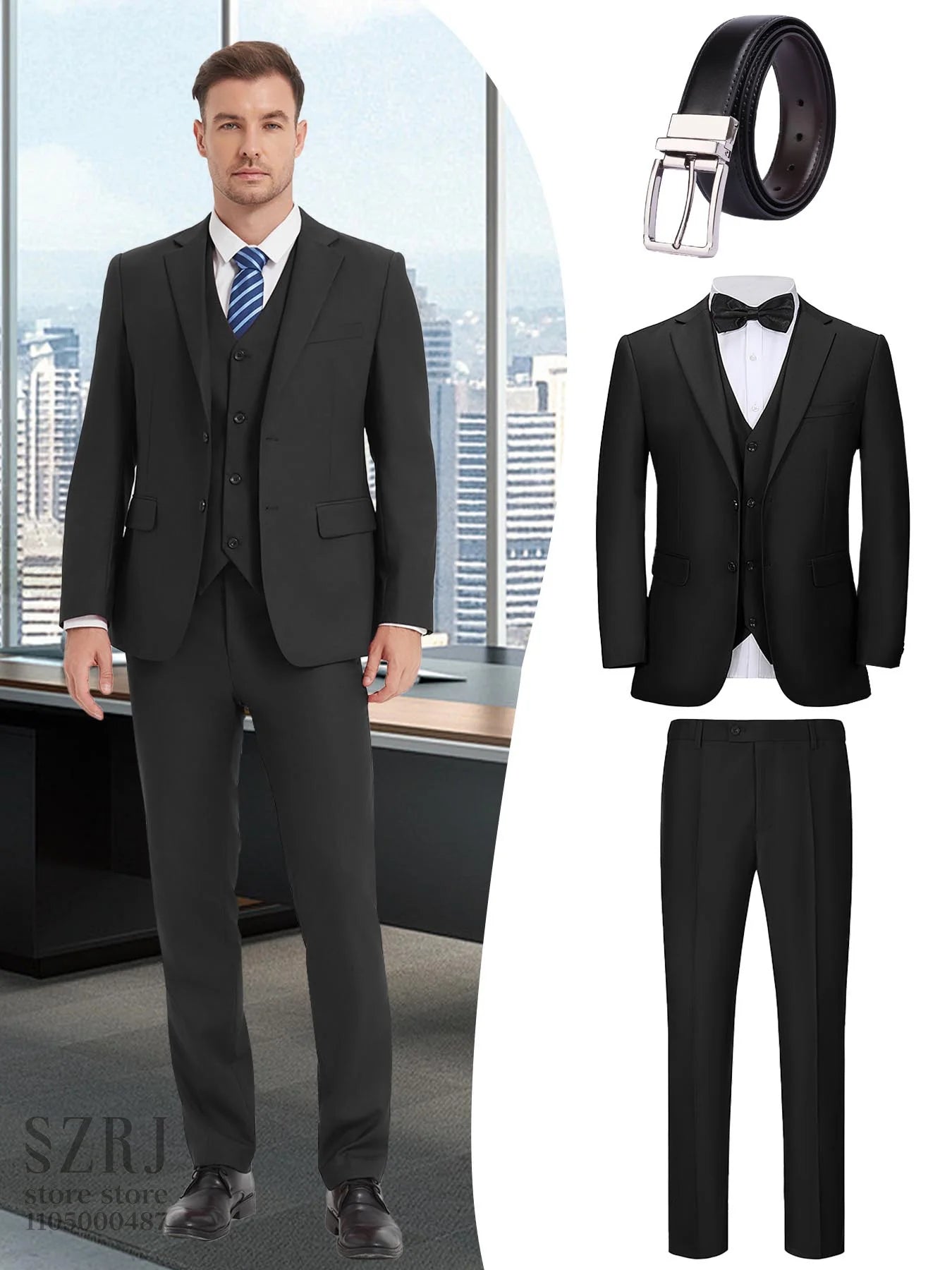 4pcs Men's Formal Suit Set: Tuxedo, Vest, Pants, Belt with .Classic Elegant Attire for Business, Party, Banquet, Job Interview