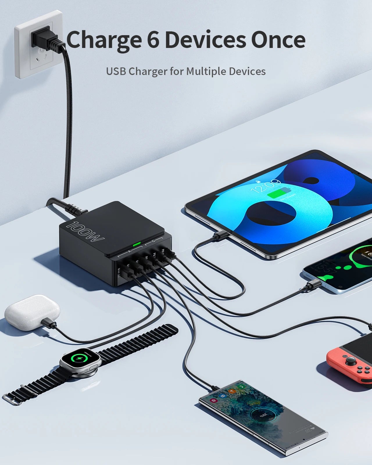 100W 6-Port GaN Quick Charge Hub PD 3.0 Type C and USB A Charging Case for Cell Phone Tablet Laptop
