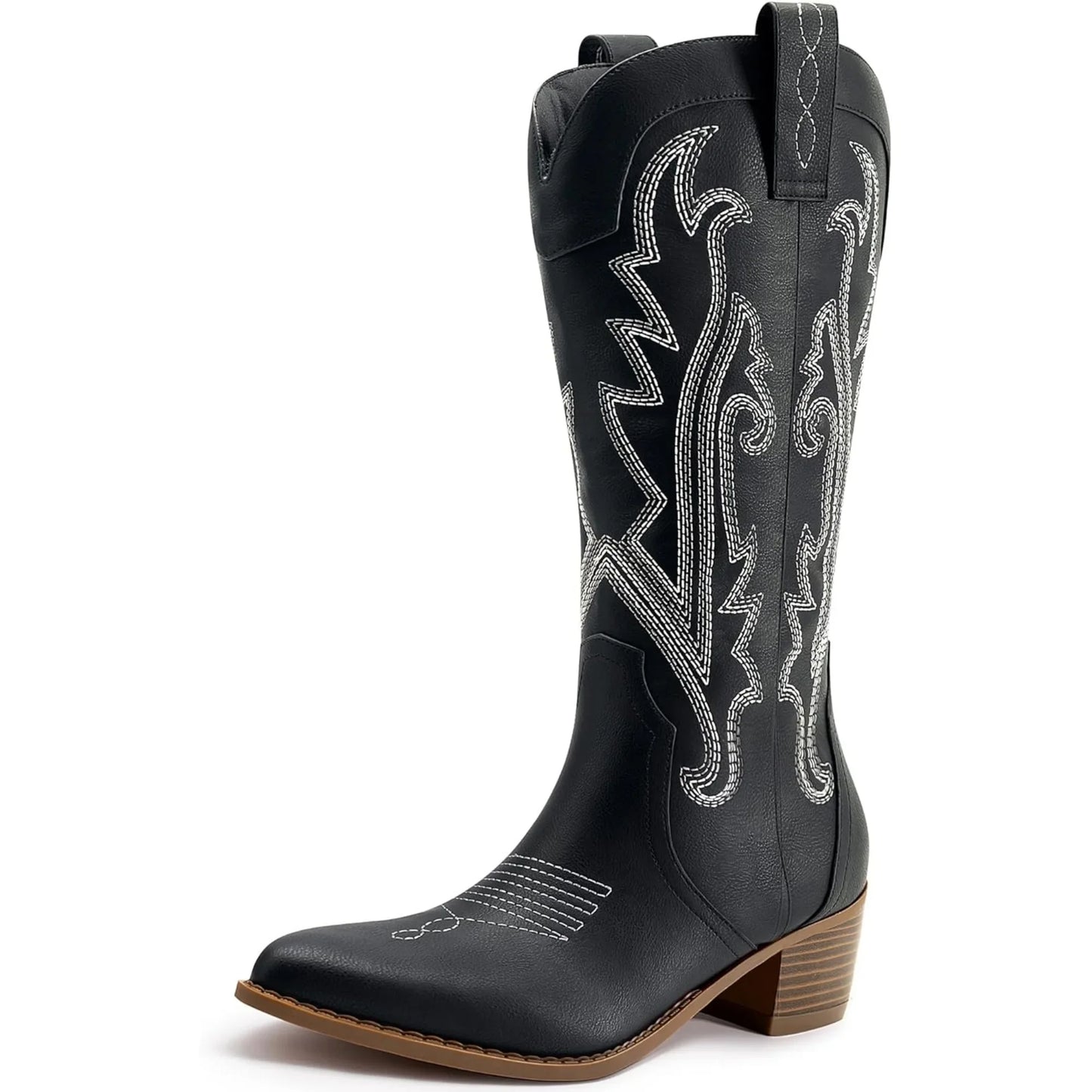 Women's Cowboy Boots Western Cowgirl Boots Fashion Embroidered Pointed Toe Chunky Heel Mid Calf Boots