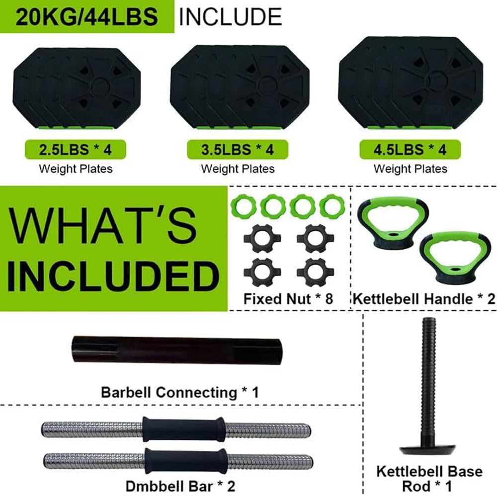 4 in 1 Adjustable Dumbbell Set 44lbs Weight with Iron Handle Kettlebell Barbell Push Up Stand for Home Gym