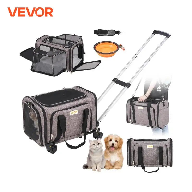 SucceBuy Pet Cat Carrier Breathable Dog Carry Backpack with Telescopic Handle Wheels and Shoulder Strap for Travel