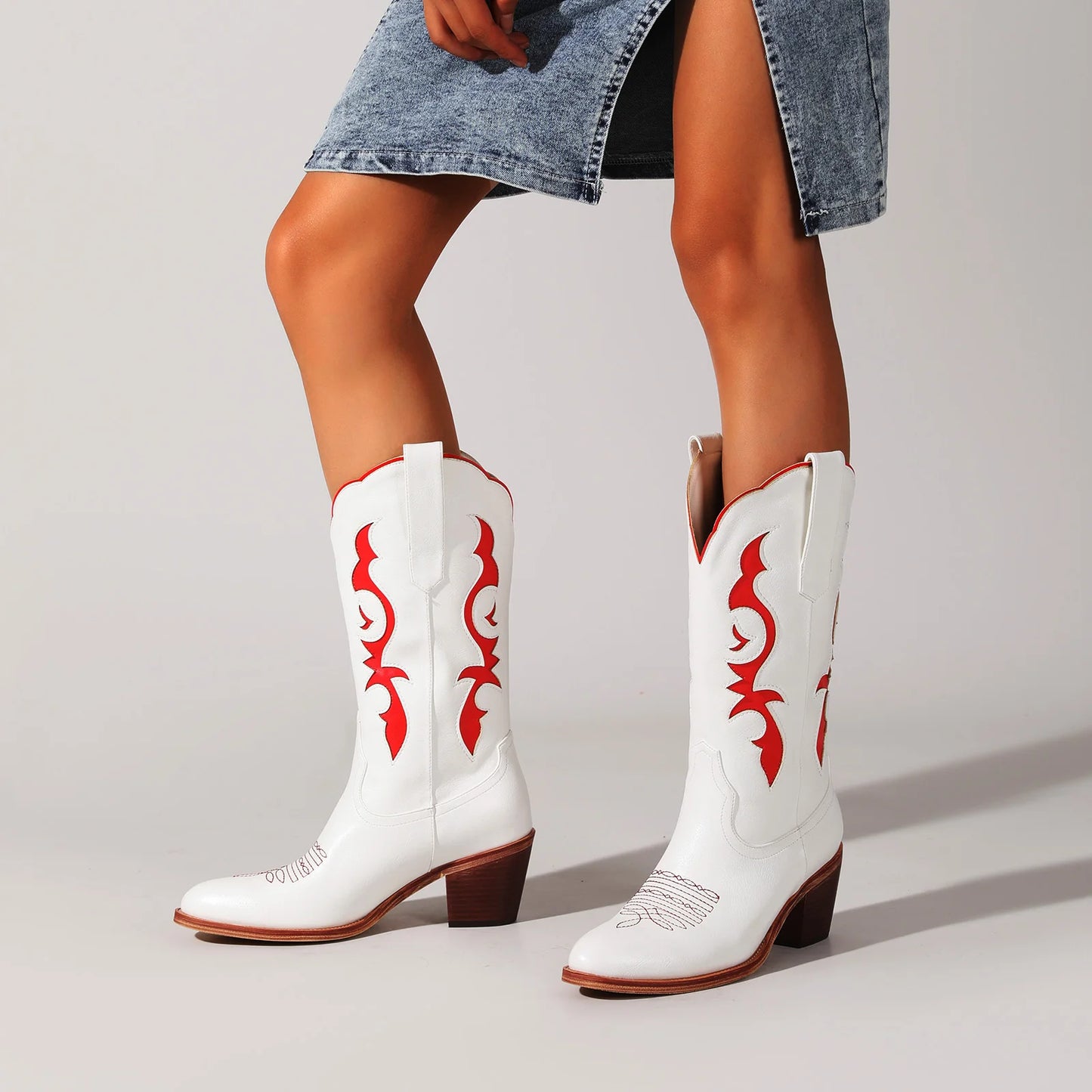 Women's Red Floral Embroidered Cowboy Boots - White Knee-High, Pink Toe, Chunky Heel. Fashionable Western Style