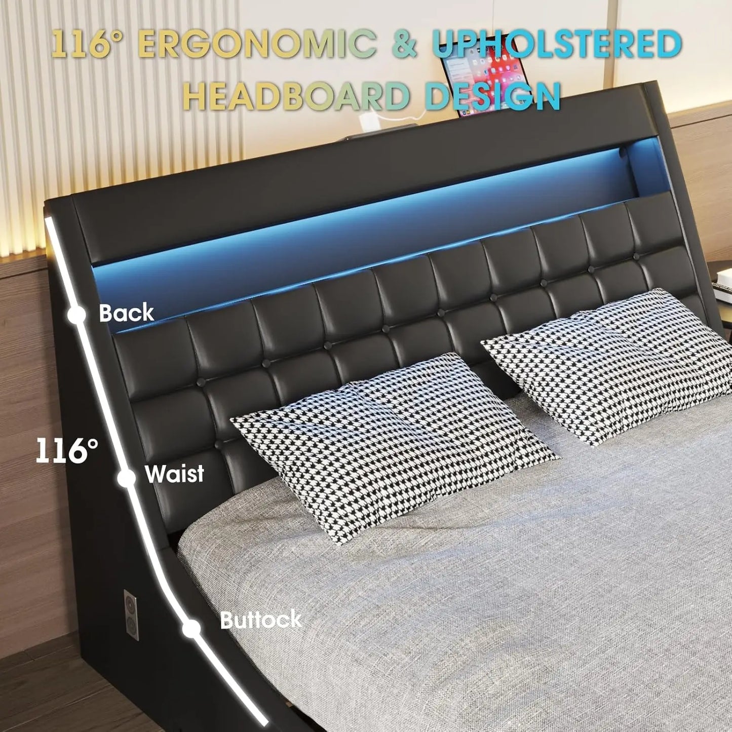 Vabches Full Size Bed Frame with Wave-Like Curve Design PU Leather Upholstered Platform Bed Frame w Charging Station&LED Lights