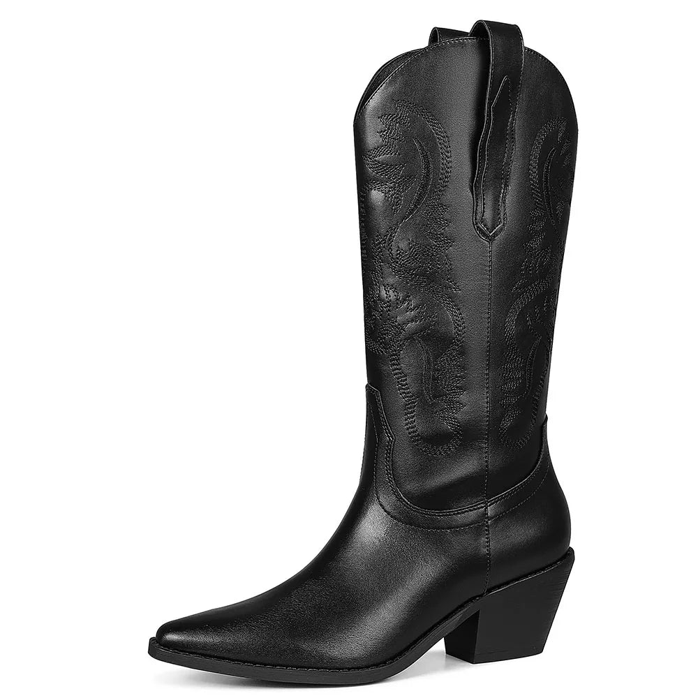 GIGIFOX Embroidered Women Mid-Calf Western Boots Block High Heel Pointed Toe Pull-On Shoes All-Match StreetSnap Cowgirl Boots