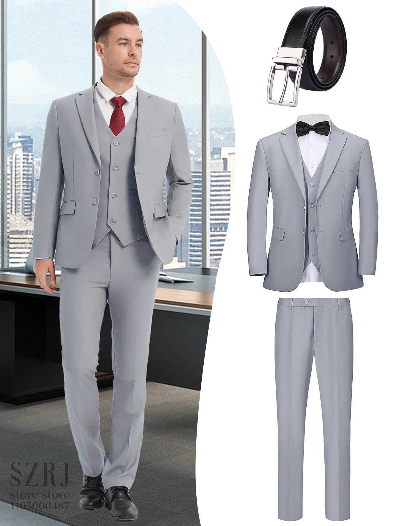 4pcs Men's Formal Suit Set: Tuxedo, Vest, Pants, Belt with .Classic Elegant Attire for Business, Party, Banquet, Job Interview