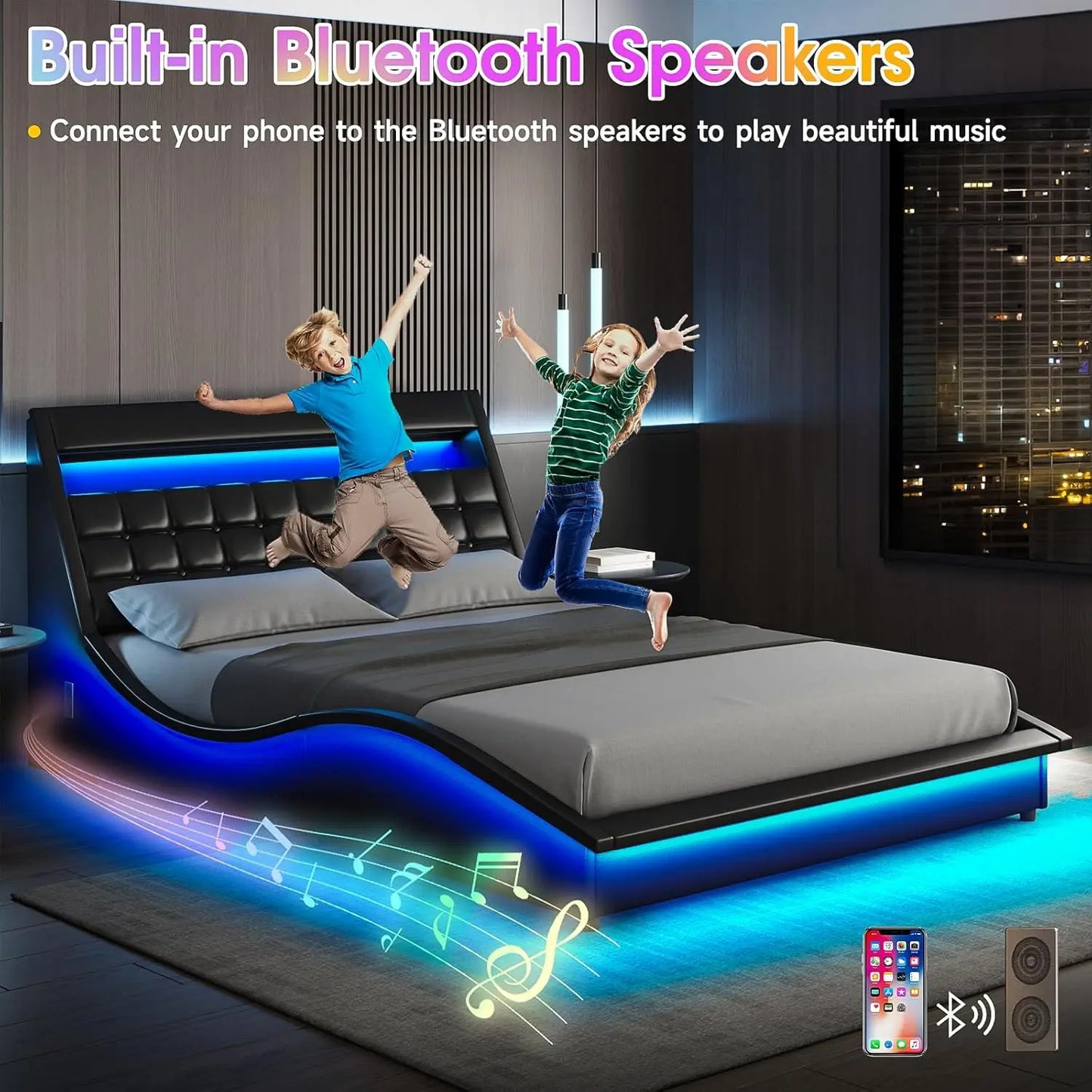 Vabches Full Size Bed Frame with Wave-Like Curve Design PU Leather Upholstered Platform Bed Frame w Charging Station&LED Lights