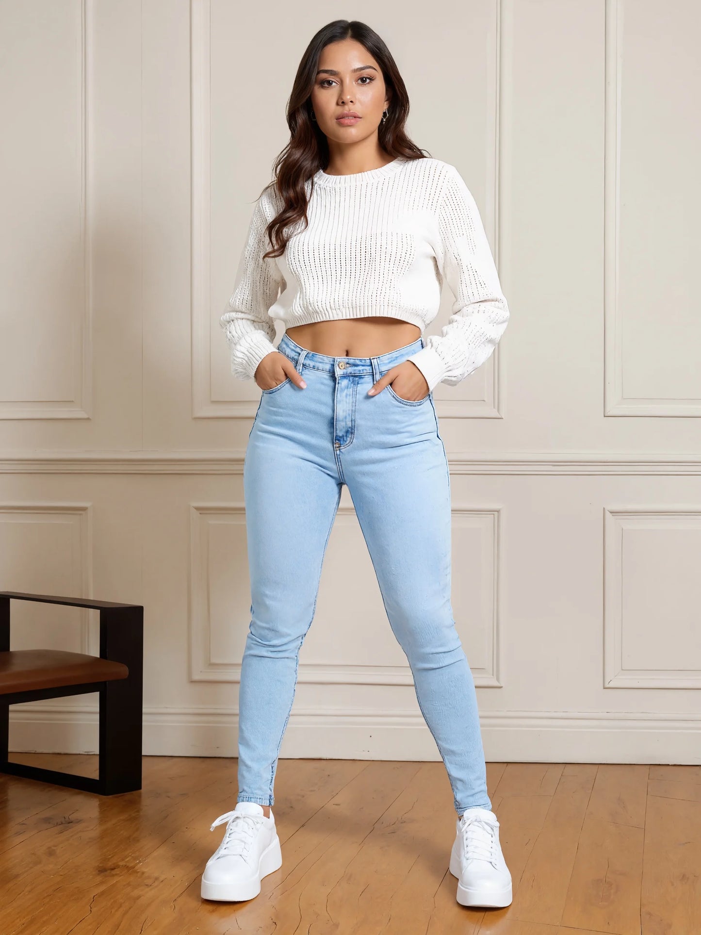 Classic and fashionable blue slim fit tight jeans, height adjustable elastic slanted pocket high waist commuting jeans, women's