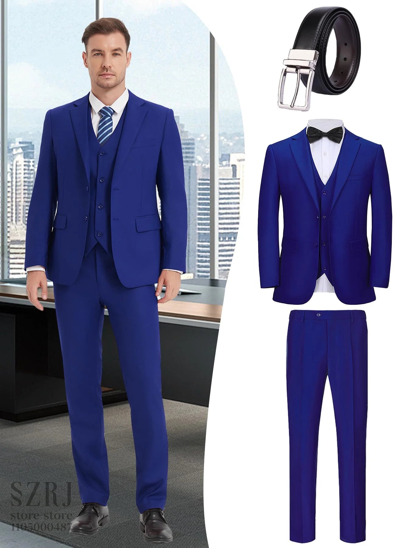 4pcs Men's Formal Suit Set: Tuxedo, Vest, Pants, Belt with .Classic Elegant Attire for Business, Party, Banquet, Job Interview