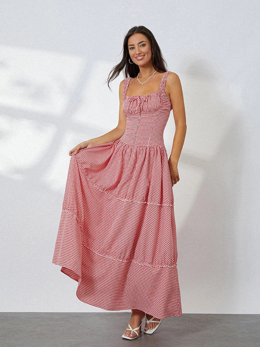 Women Summer Sleeveless Casual Plaid Print Ruffle Party Dress for Cocktail Beach Club Streetwear