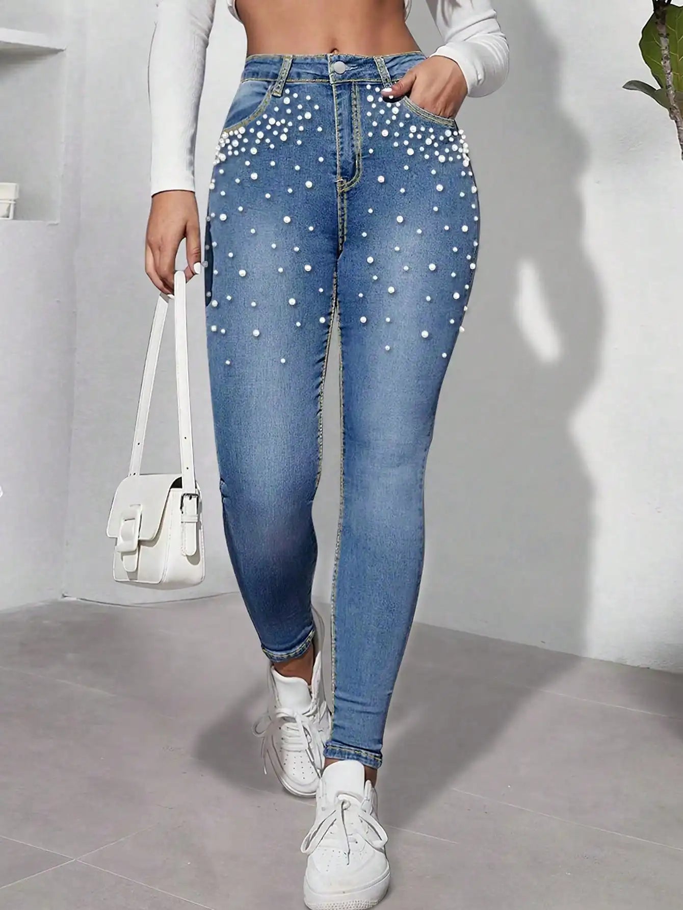 Women's Y2K Retro High - waisted Straight - leg Street - style Skinny and Sexy Long Denim Pants with Gradient - decorated Diamon