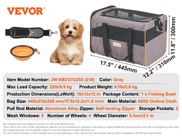 SucceBuy Pet Cat Carrier Breathable Dog Carry Backpack with Telescopic Handle Wheels and Shoulder Strap for Travel