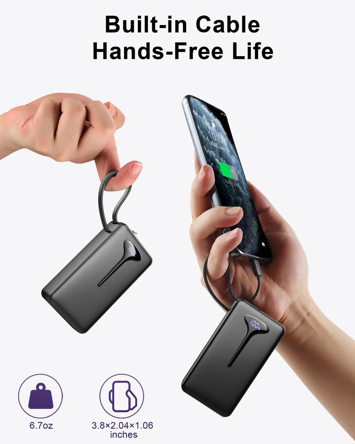 10000mAh Portable Charger Power Bank with 22.5W Fast Charging USB C In and Out Built in Cable Travel Essentials for iPhone and Android