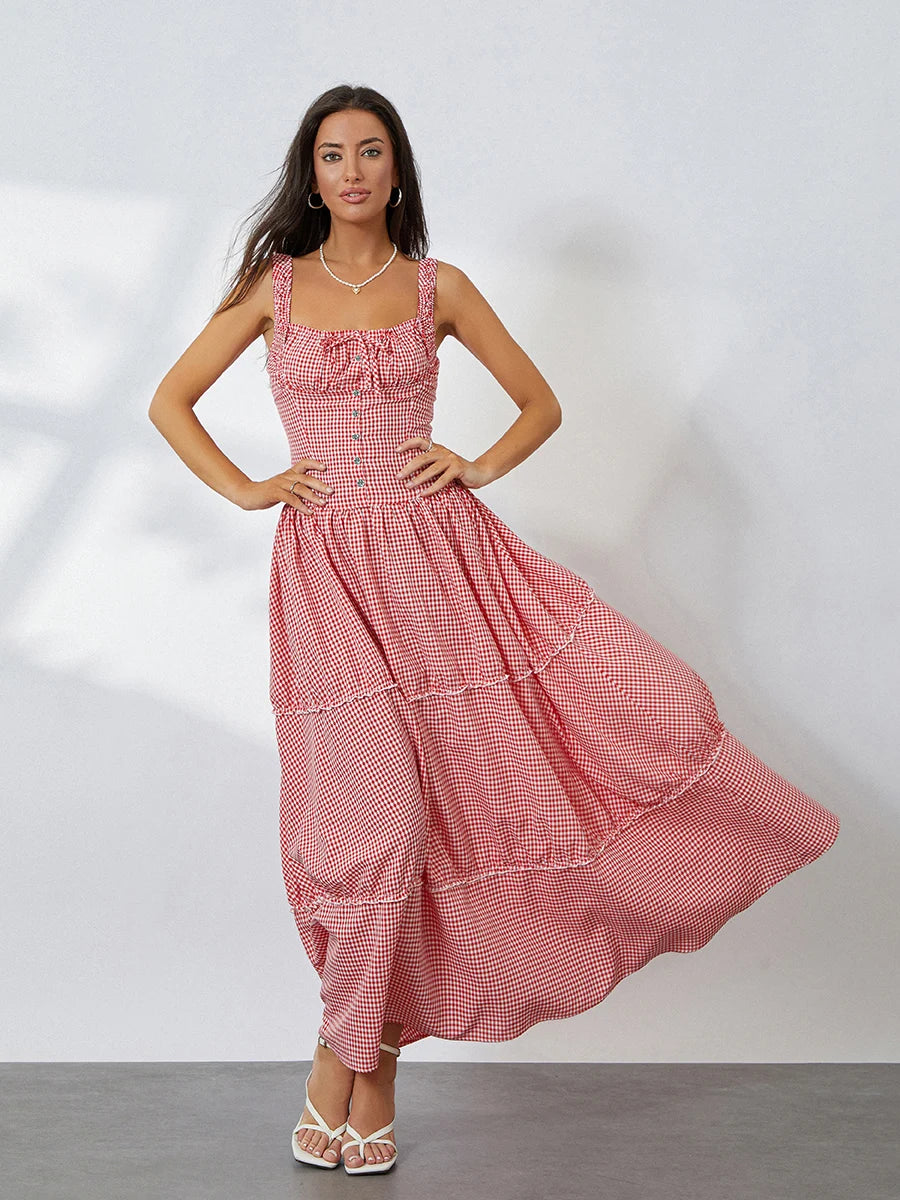 Women Summer Sleeveless Casual Plaid Print Ruffle Party Dress for Cocktail Beach Club Streetwear