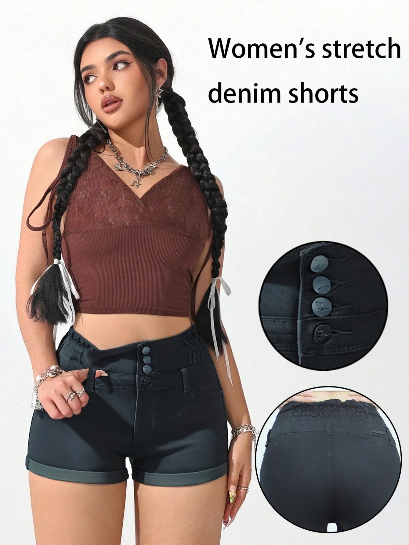 Women's Stretch High - Waist Dark Slate Denim Shorts - Trendy Three - Button & Ruched Look