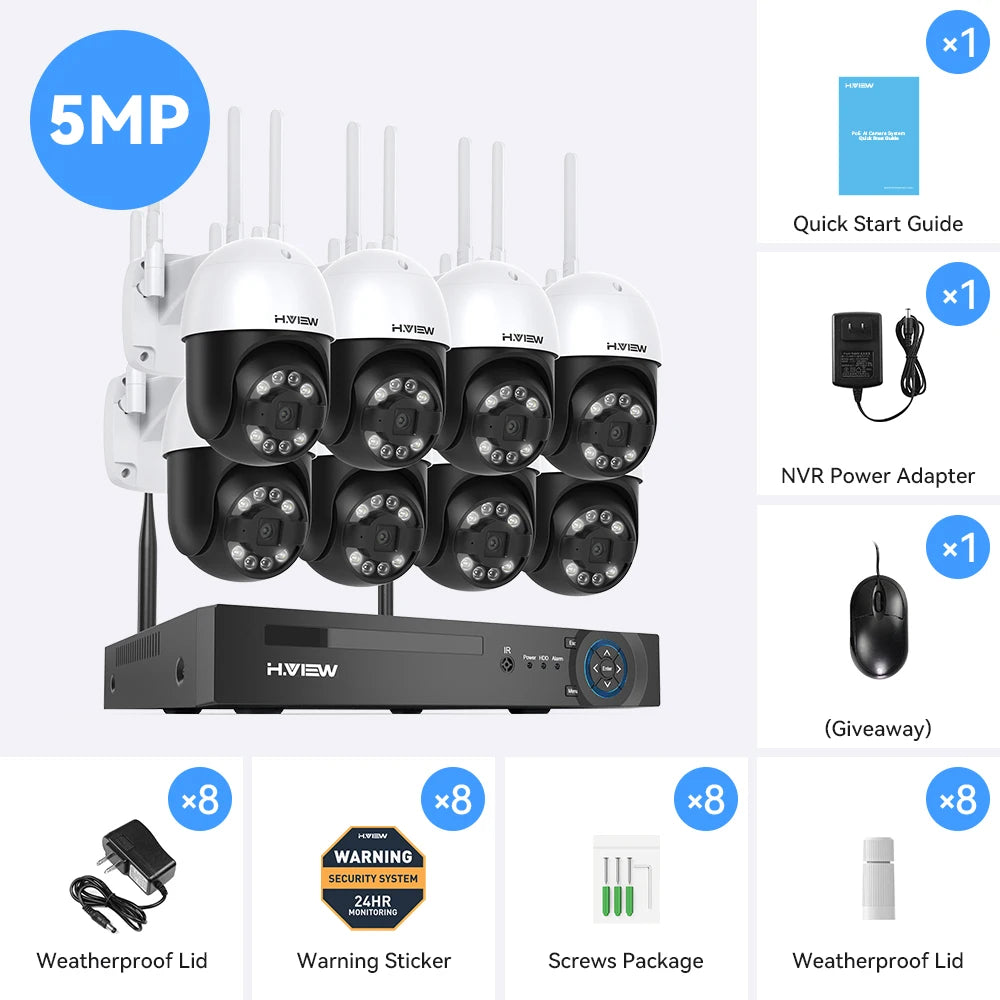 H.View 8CH 5MP Wireless WiFi Camera Security System CCTV Video Surveillance Kit NVR Indoor Outdoor Two Way Audio Xmeye