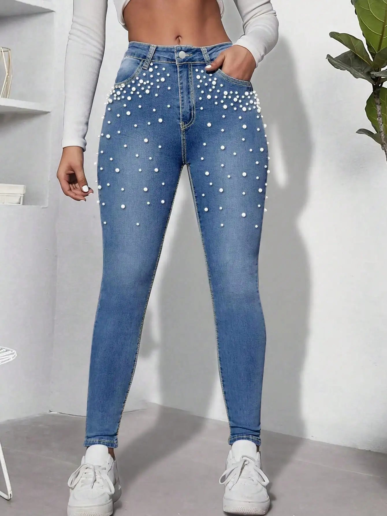 Women's Y2K Retro High - waisted Straight - leg Street - style Skinny and Sexy Long Denim Pants with Gradient - decorated Diamon