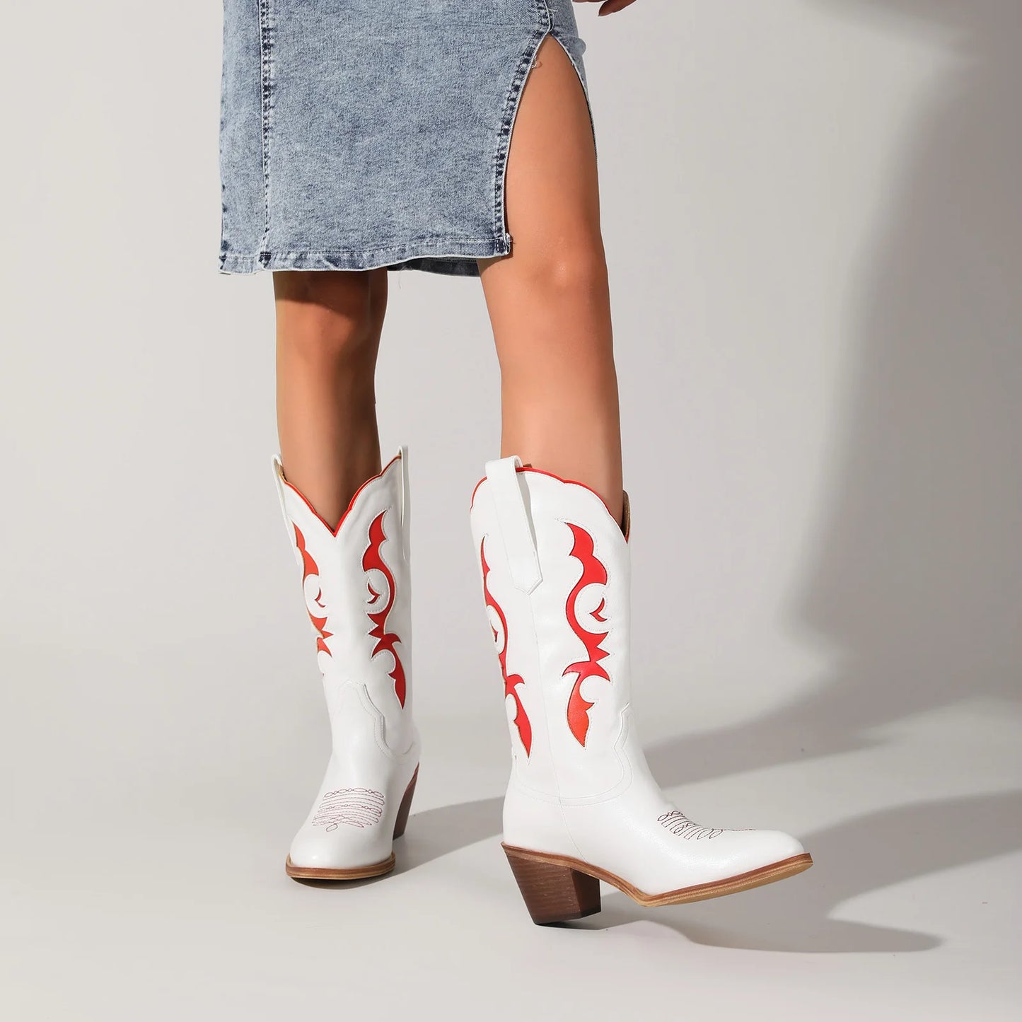 Women's Red Floral Embroidered Cowboy Boots - White Knee-High, Pink Toe, Chunky Heel. Fashionable Western Style