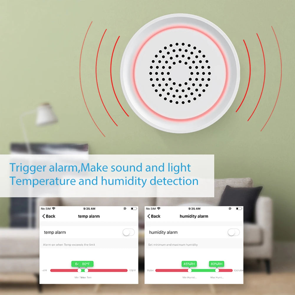 Usb Sound Light Alarm 90db Temperature Humidity Detection Siren Tuyasmart Button Battery Powered Home Security Protection System