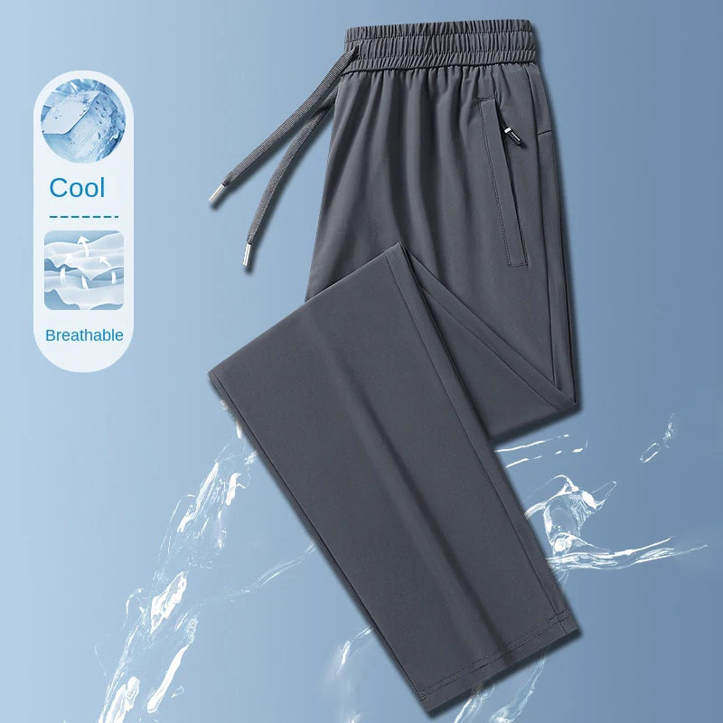 Ice Silk Men's trousers 2024 summer black-and-gray thin style business casual pants outdoor stretch breathable straight leg loos