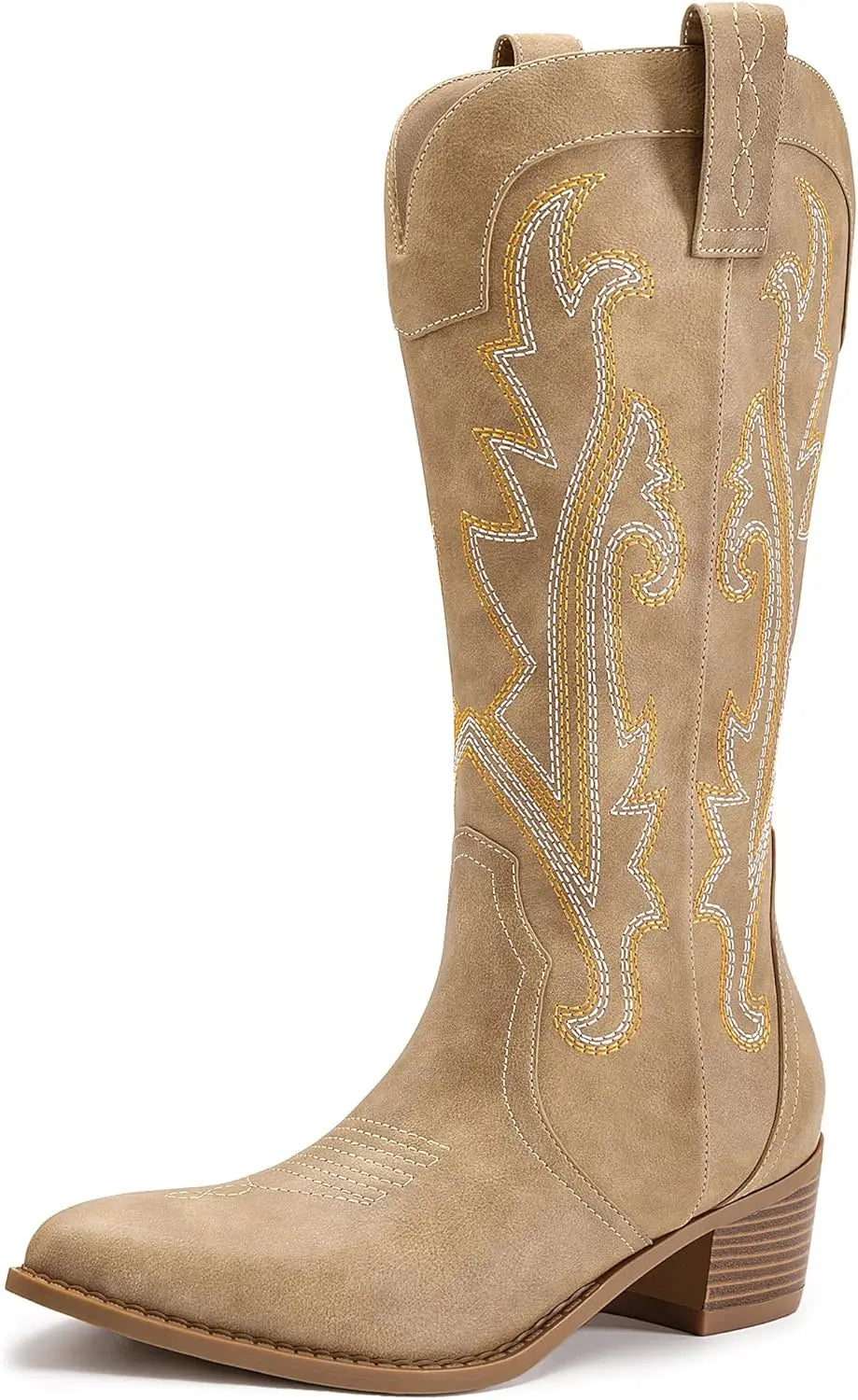 Women's Cowboy Boots Western Cowgirl Boots Fashion Embroidered Pointed Toe Chunky Heel Mid Calf Boots