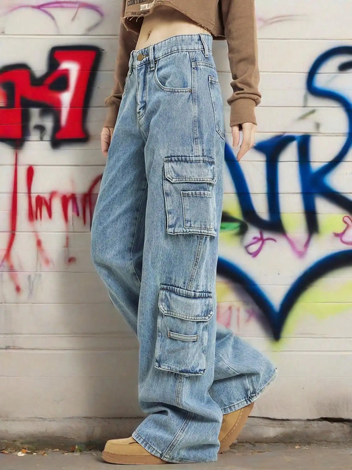 Women's street loose straight leg jeans with practical workwear pockets and floor standing hanging hems | Women's street pants w