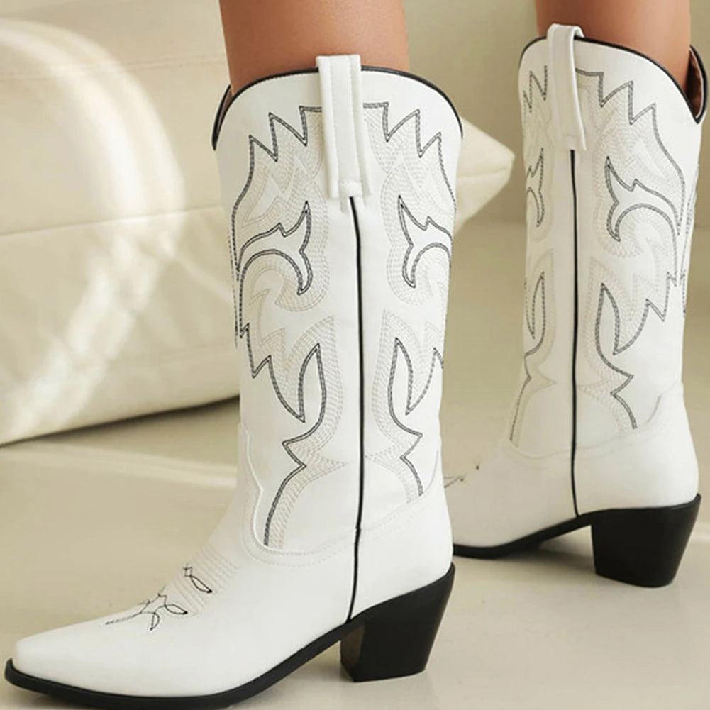 GIGIFOX Women Vintage Embroidered Mid Calf Cowgirl Boots Ladies Pointed Toe Square Chunky Heeled Western Boots