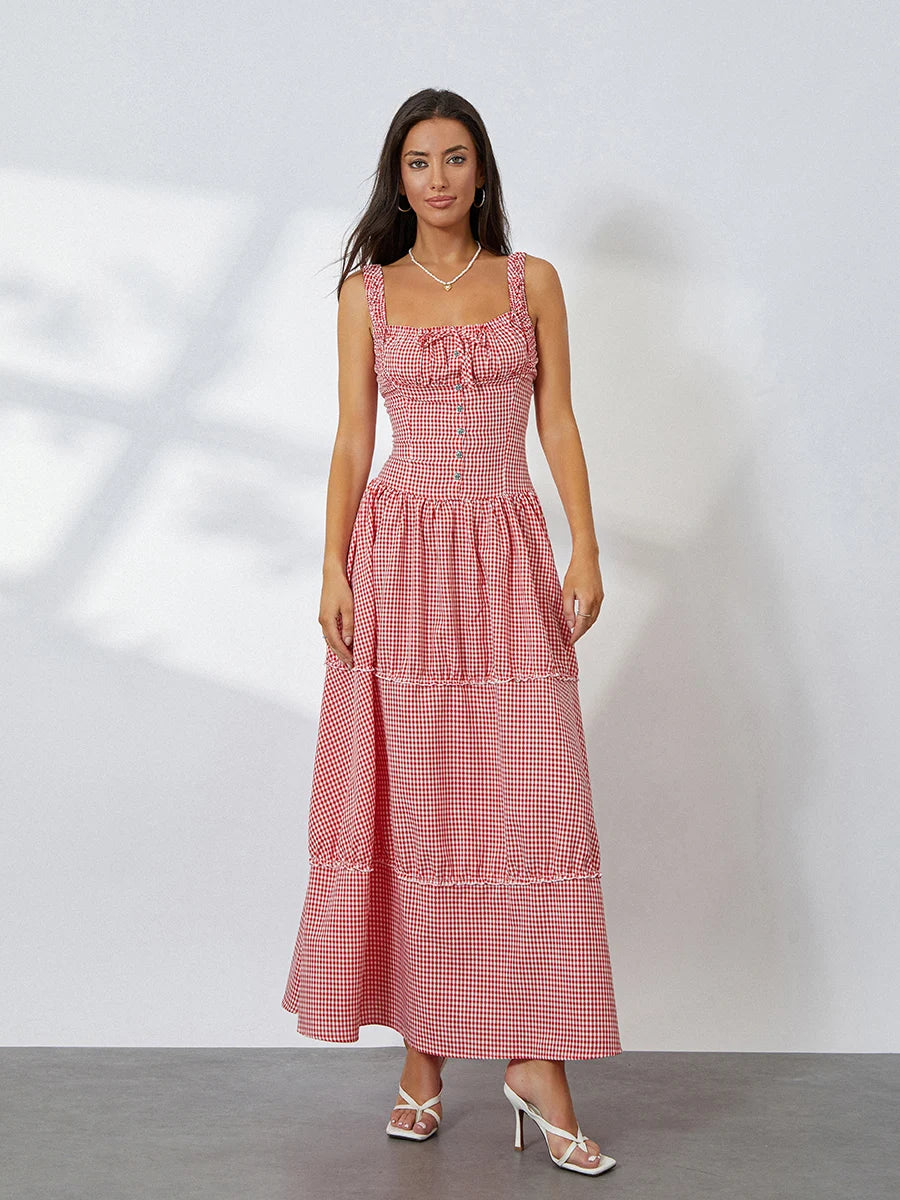 Women Summer Sleeveless Casual Plaid Print Ruffle Party Dress for Cocktail Beach Club Streetwear